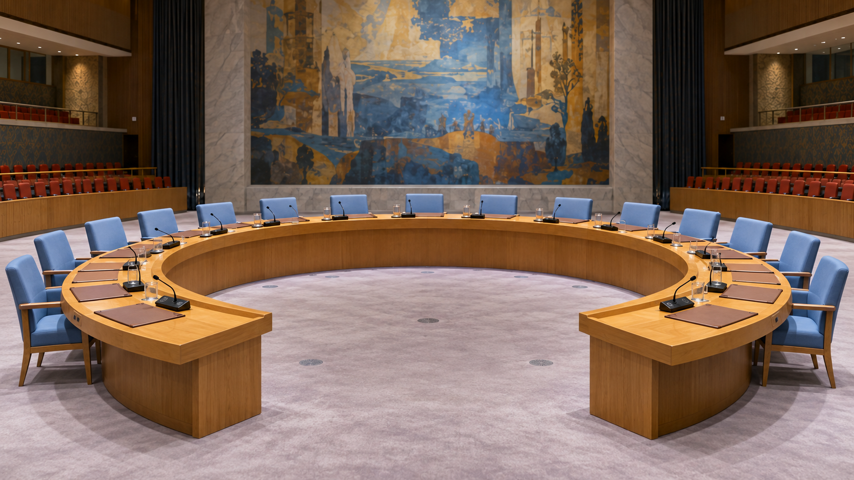 An empty international council room with an open horseshoe table and blue delegate chairs