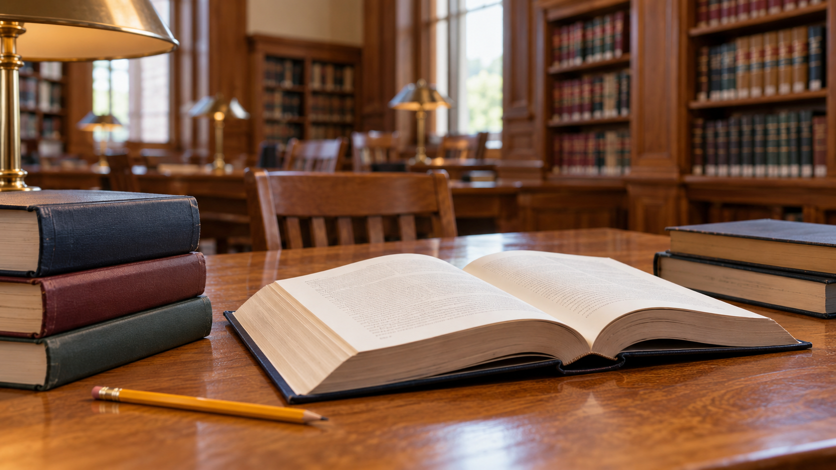 An open law book and a pencil on a wooden desk in a quiet legislative library