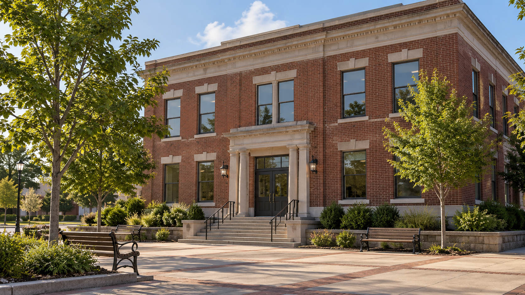 A modest brick town hall with benches and trees around its entrance