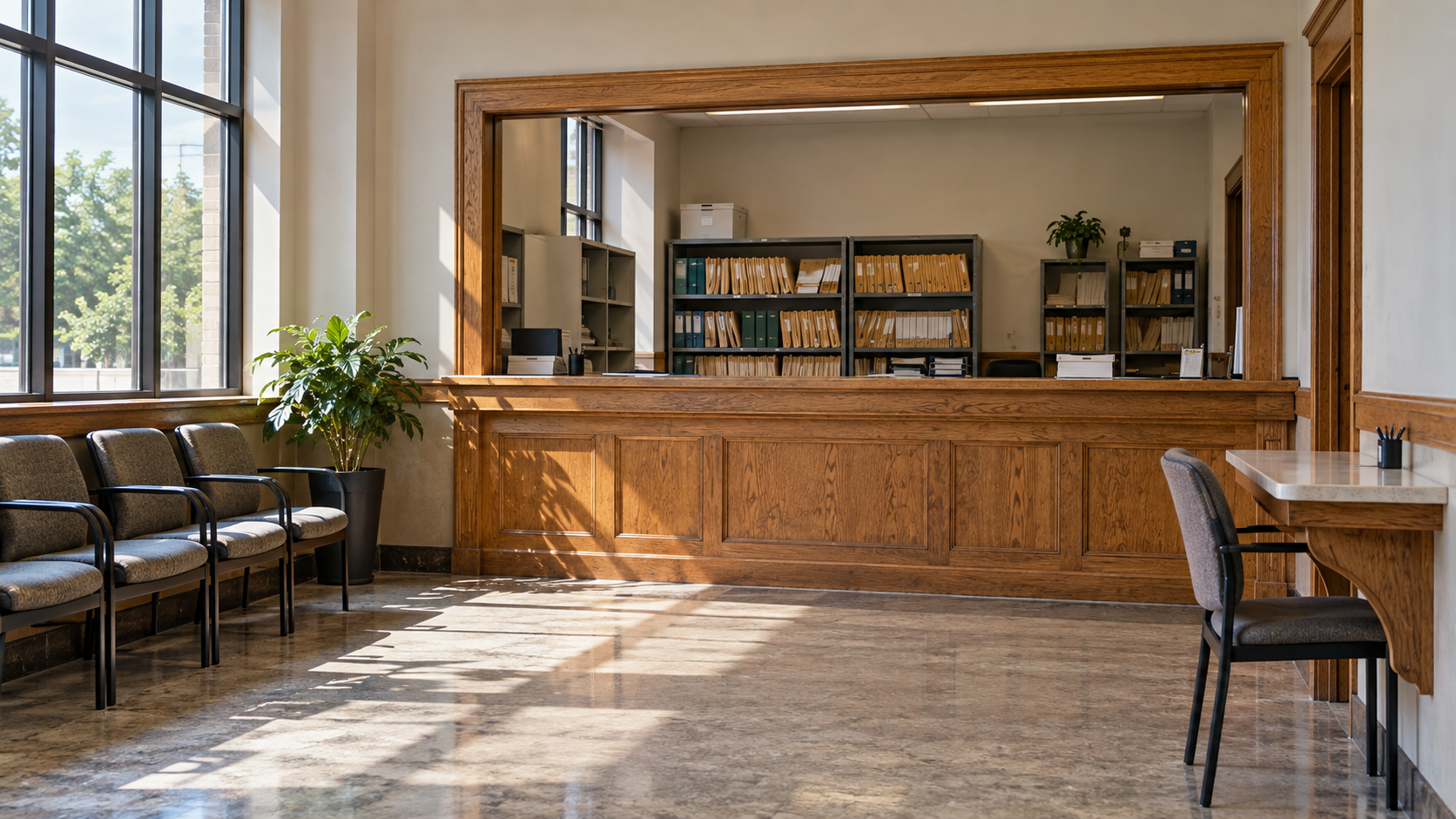 An empty public-records service counter with file shelves and waiting chairs