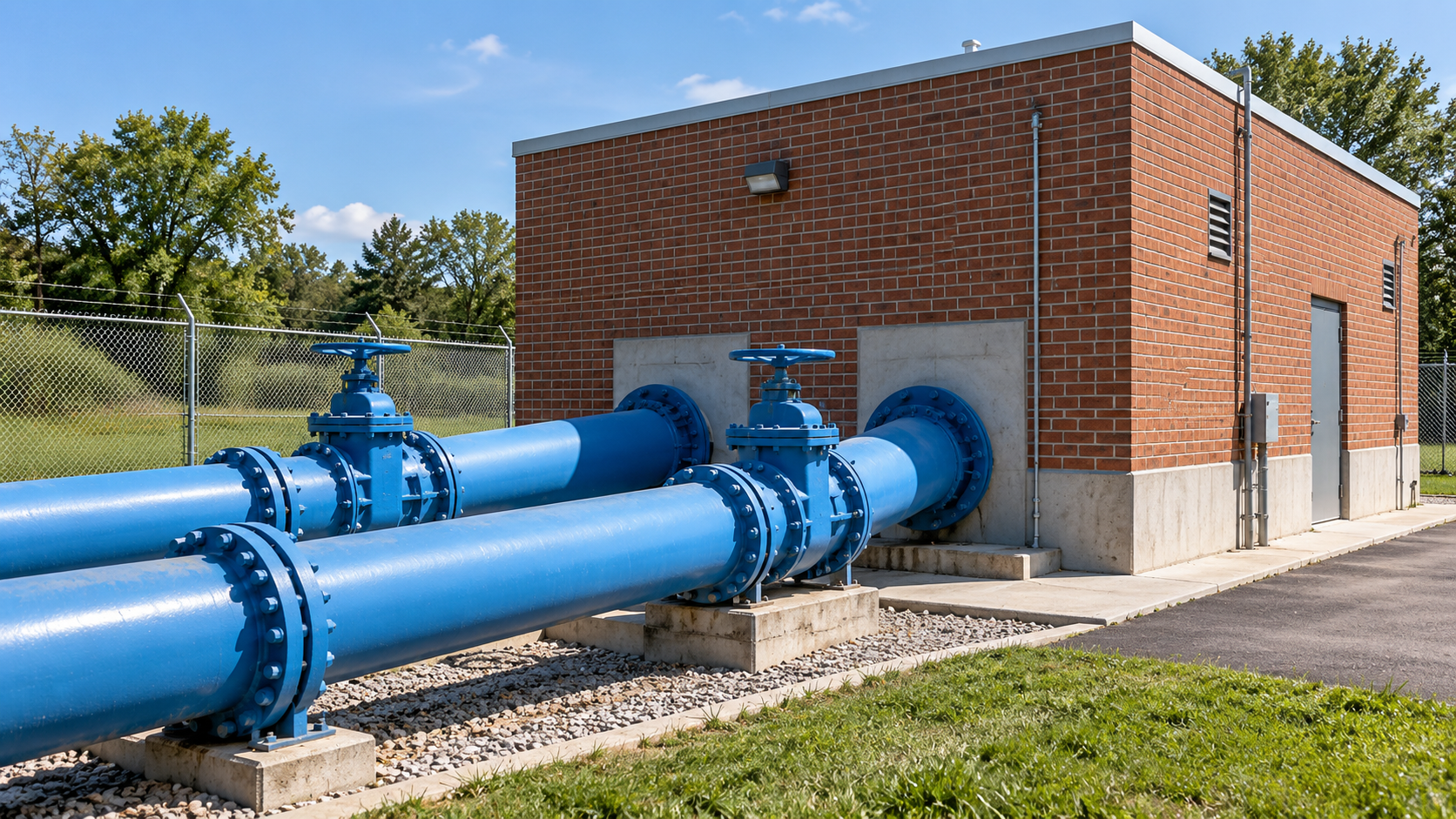 Blue water pipes and valve wheels entering a brick municipal pumping facility