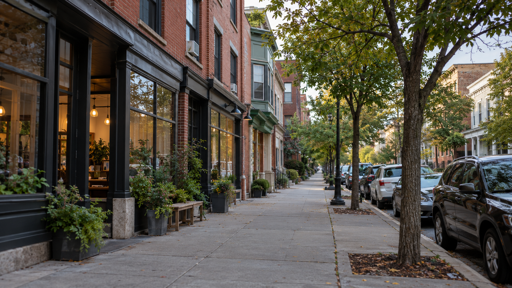 A mixed-use neighborhood street with brick storefronts, apartments, sidewalks, and trees