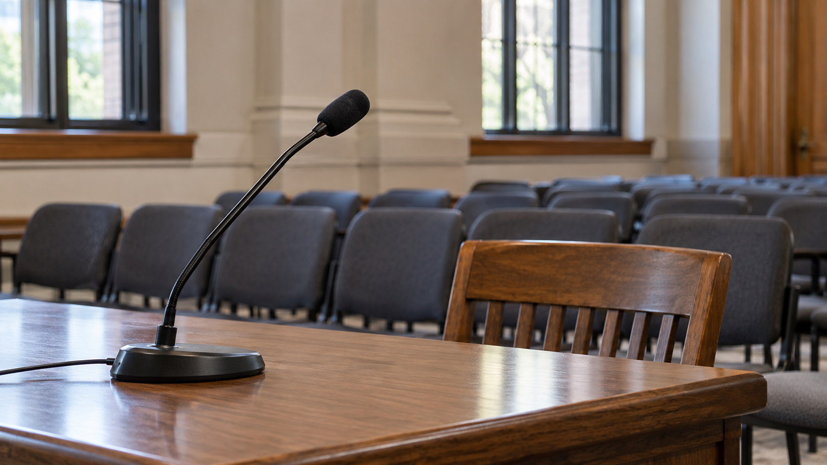 A public testimony microphone on a wooden table with empty audience chairs behind it