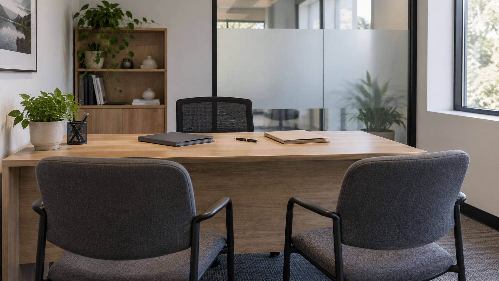 A quiet complaint-review office with a desk, plain folders, and two empty visitor chairs