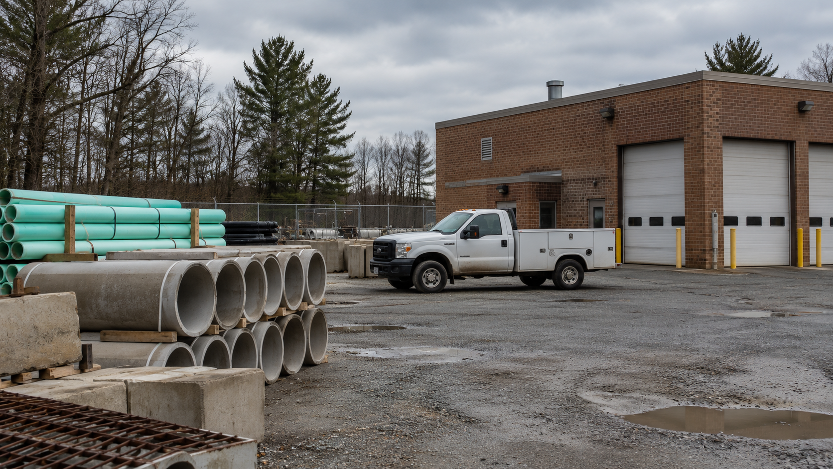An unmarked municipal maintenance truck beside a brick utility building and stacked pipe sections