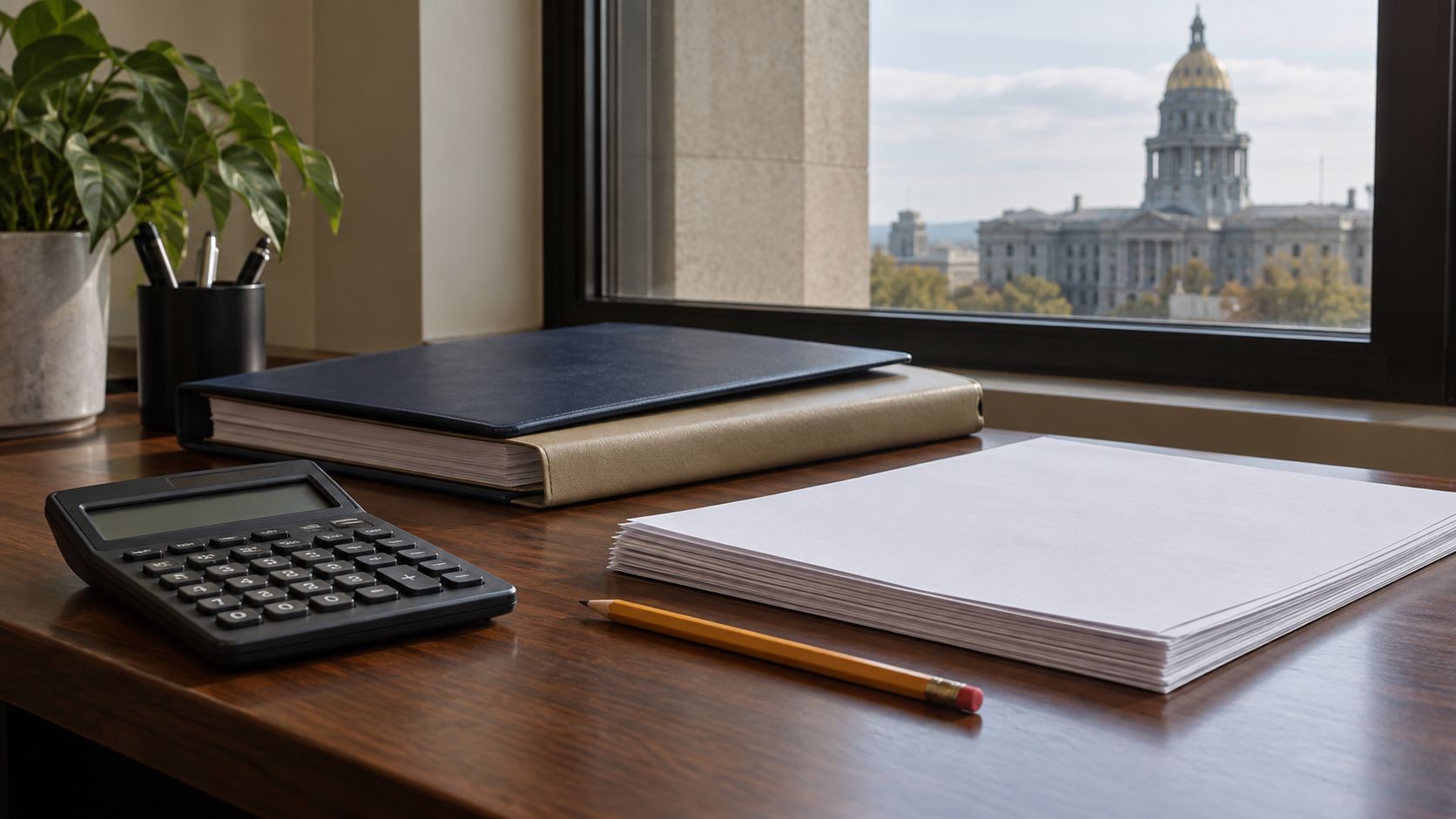 A calculator, pencil, plain folders, and stacked sheets on an office desk beside a window
