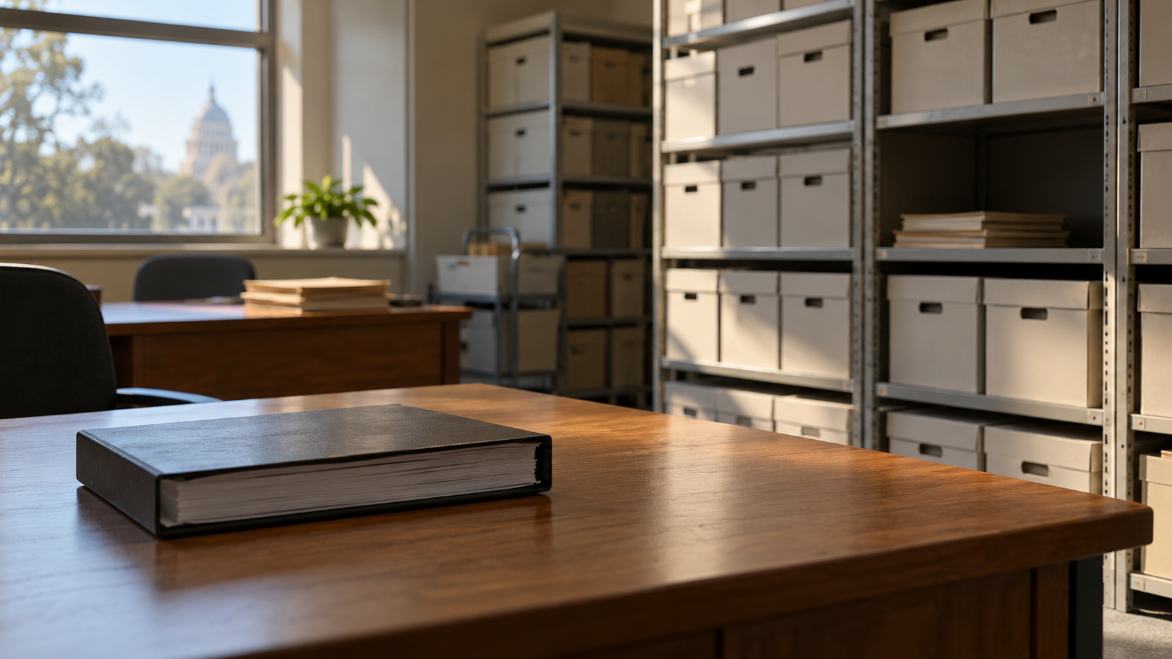 Plain archive boxes on shelves in a quiet agency records room with a binder on a desk