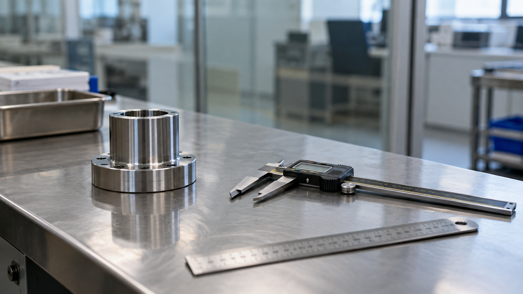 A caliper, ruler, and plain metal component on a stainless steel inspection bench
