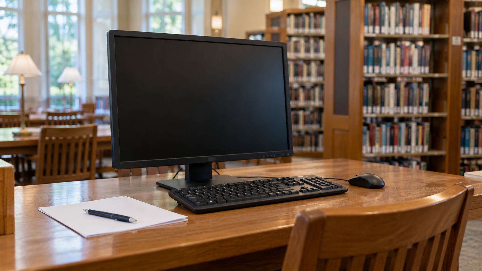 An empty library computer workstation with a dark monitor, keyboard, plain sheets, and pen
