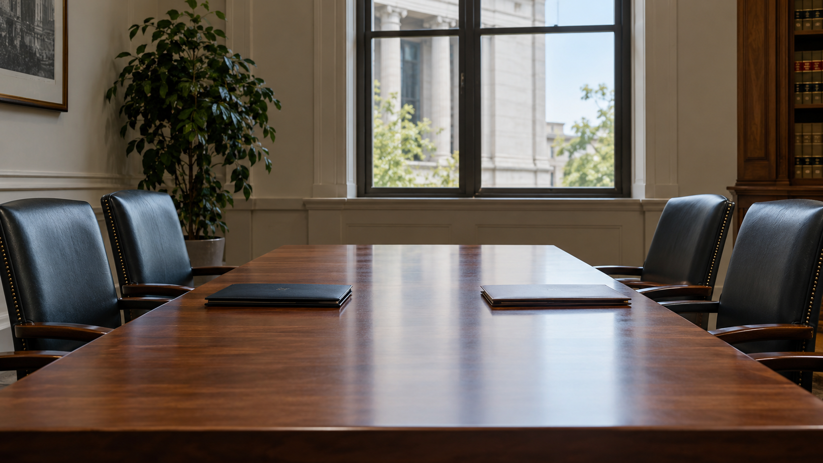 A legal meeting table with facing pairs of empty chairs and closed folders