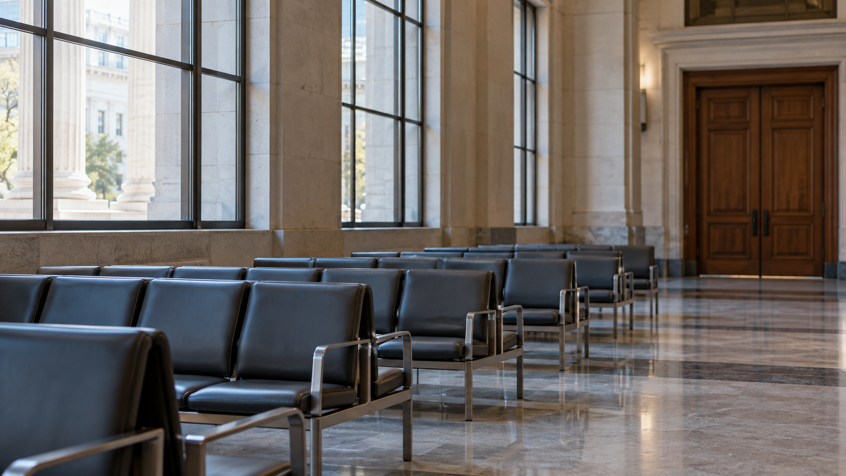 Rows of empty chairs in a courthouse waiting area beside large windows