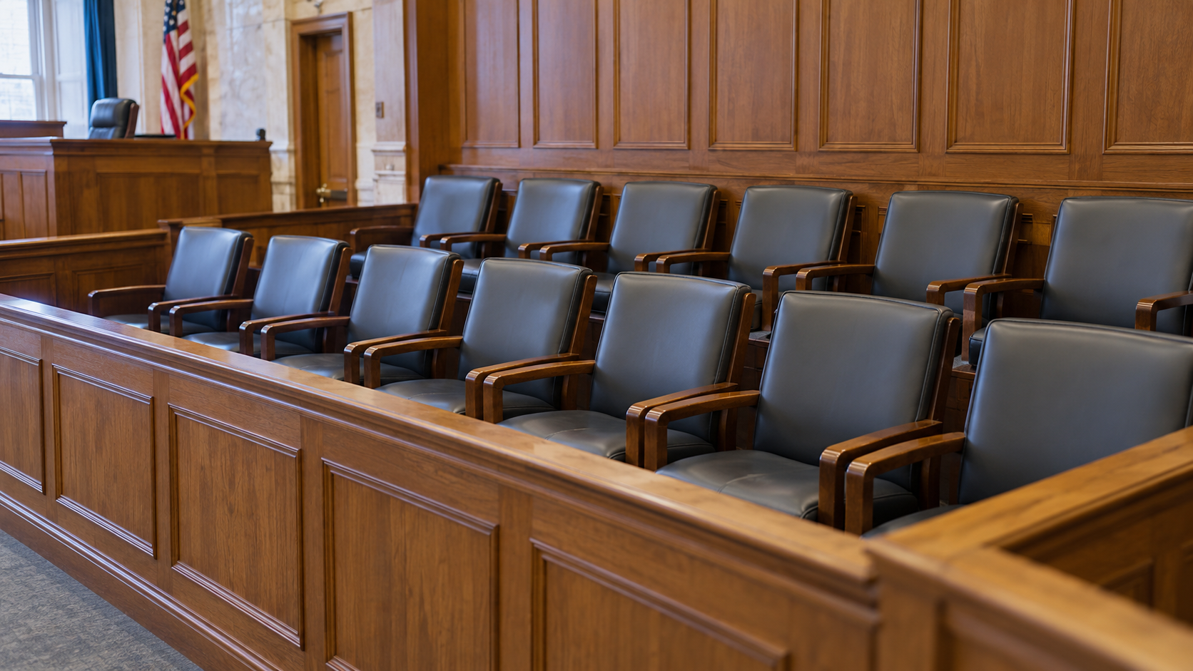 An empty wooden courtroom jury box with padded chairs arranged in two rows