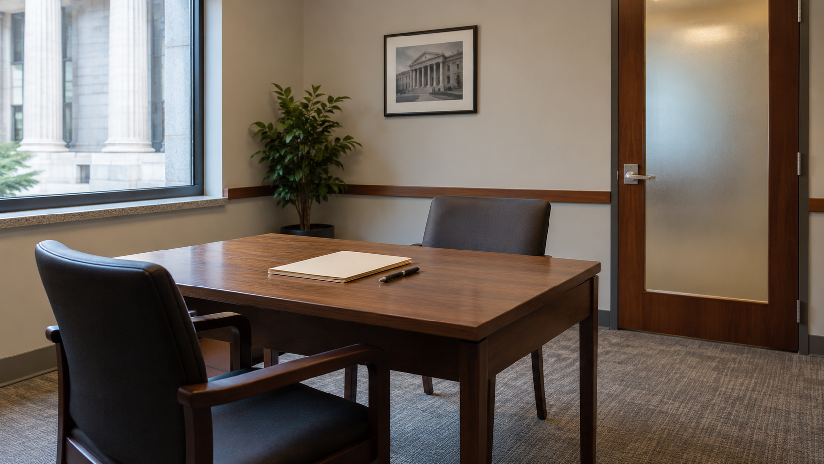 An empty courthouse consultation room with a small table, two chairs, a plain folder, and pen