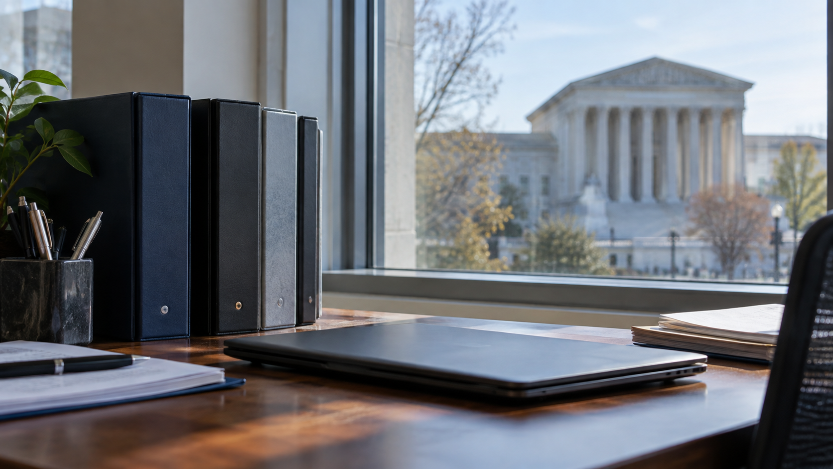 Unlabelled binders and a closed laptop at a law-office window overlooking a civic building