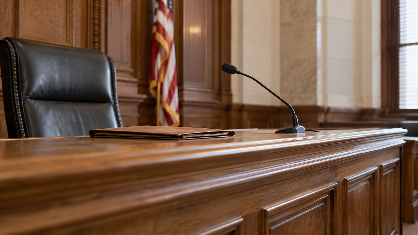 An empty wooden judge’s bench with a desk microphone and plain closed folder