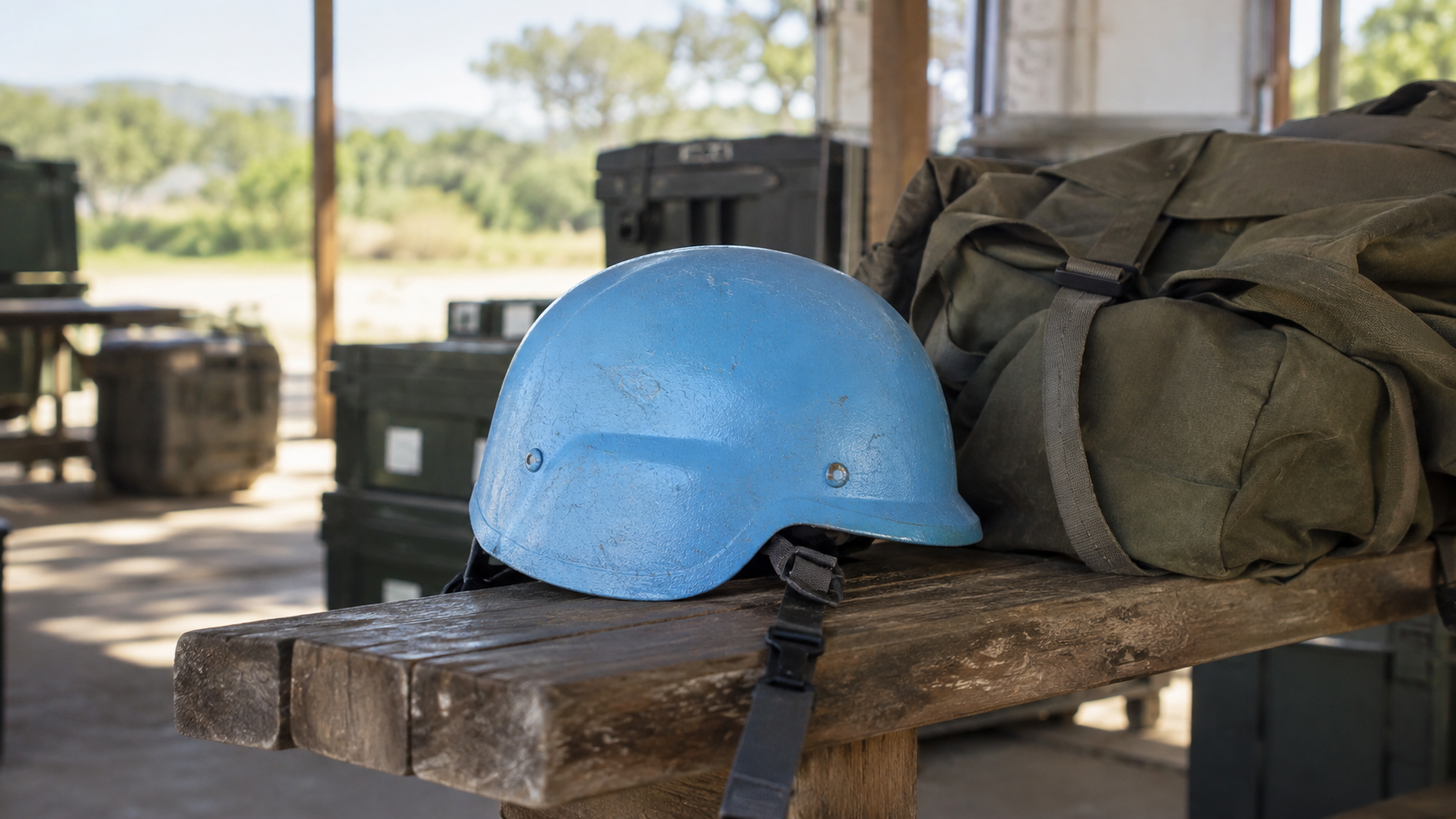 A light-blue protective helmet and canvas field bag on a wooden bench in a quiet logistics shelter