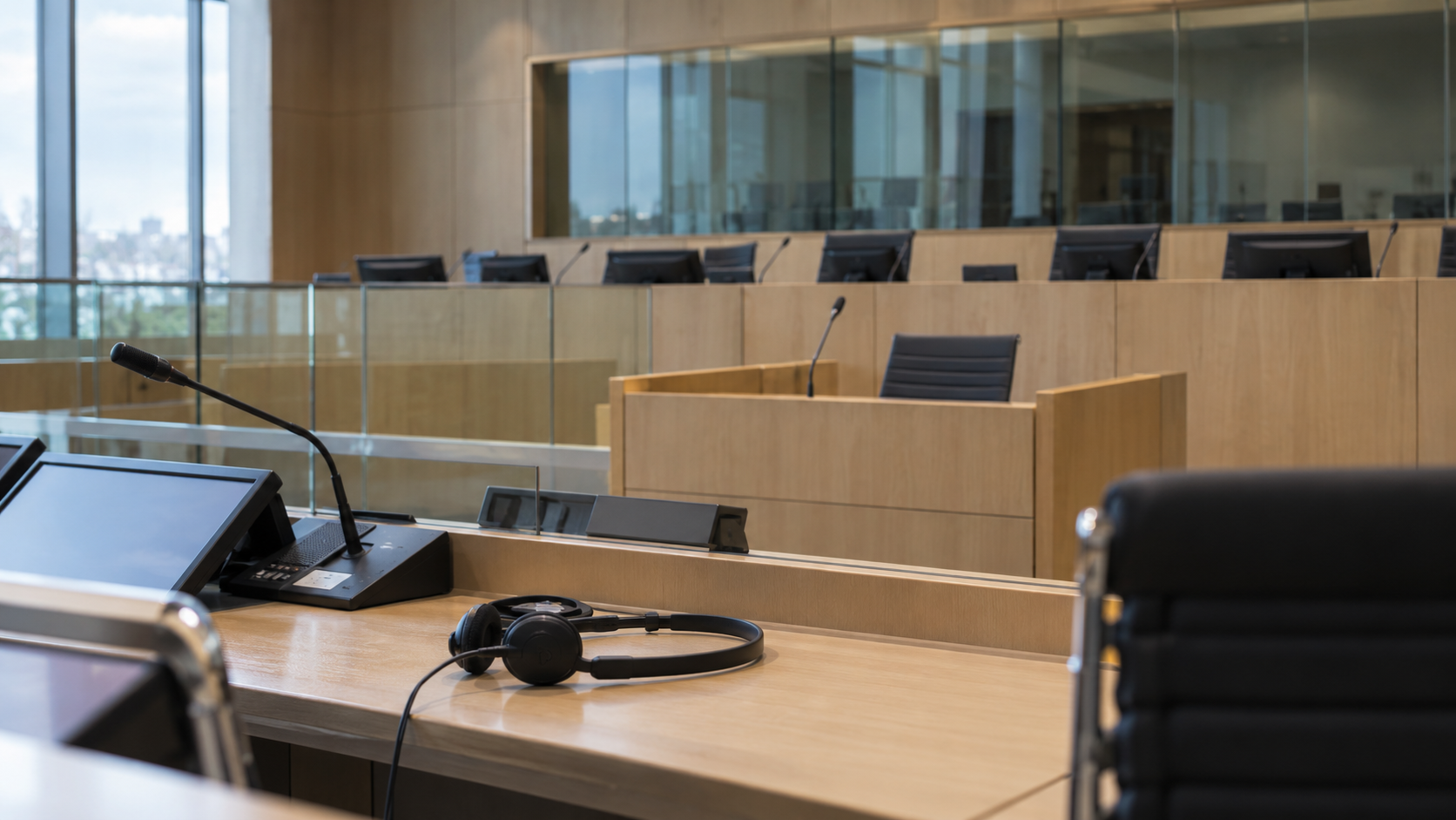 An empty international-style hearing room with a witness station, interpretation headset, and glass partition