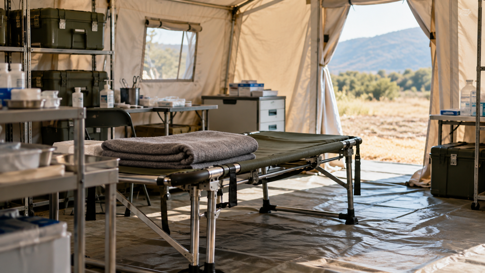 An empty temporary medical station with a clean stretcher, folded blanket, and plain supply cases
