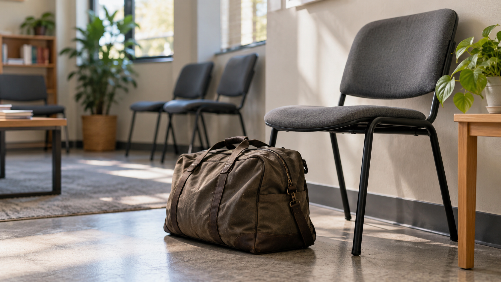A plain travel bag beside an empty chair in a quiet protection-service waiting room