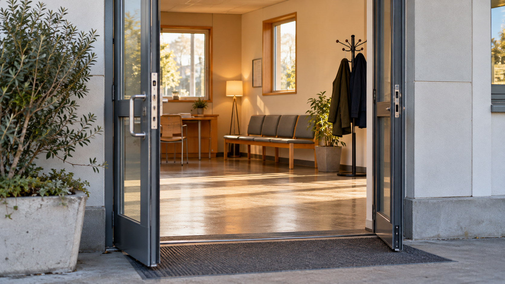 An open reception doorway leading to a quiet sheltered waiting room with a simple bench