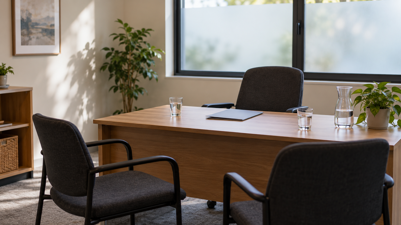 Three empty chairs around a desk in a private administrative interview room with a frosted window