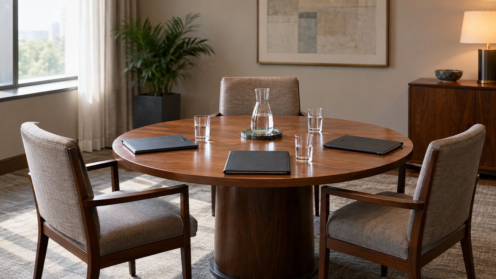 A round negotiation table with three empty chairs, plain folders, and a water carafe in a neutral meeting room