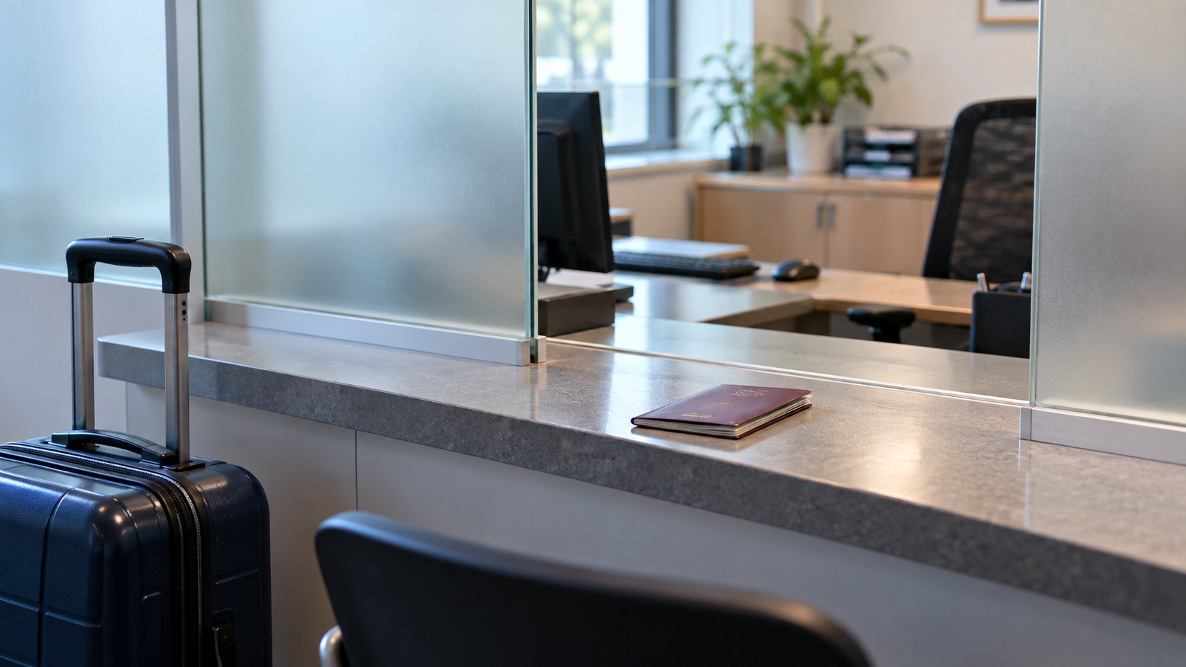 A quiet consular service counter with frosted privacy glass, a plain closed travel booklet, and an upright suitcase