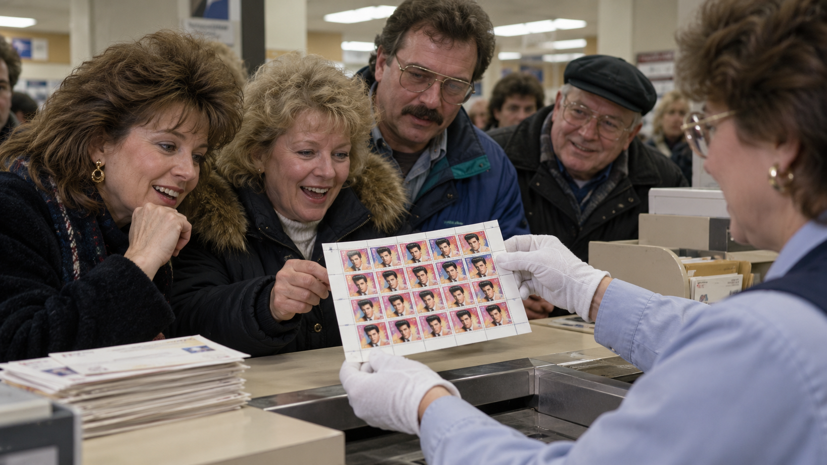 AI reconstruction of collectors receiving the Elvis Presley commemorative stamp in 1993
