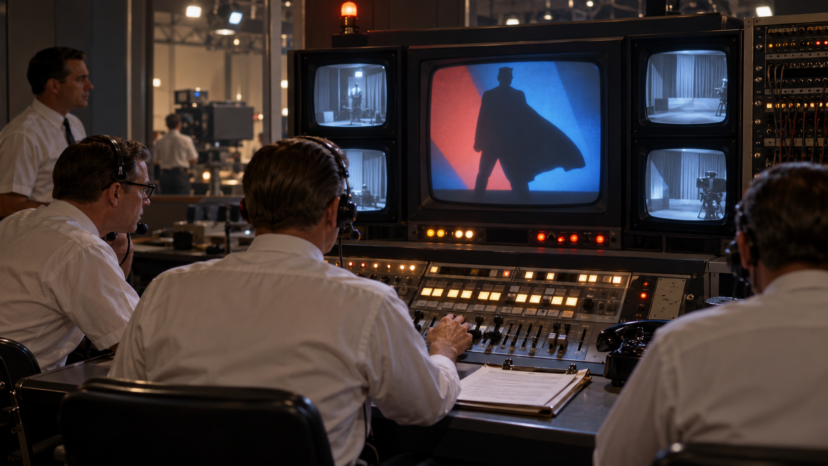 AI reconstruction of a 1966 television control room during a superhero-series premiere