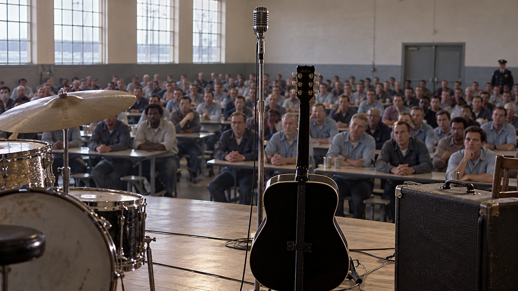 AI reconstruction of the Folsom Prison dining hall stage before Johnny Cash’s 1968 concerts