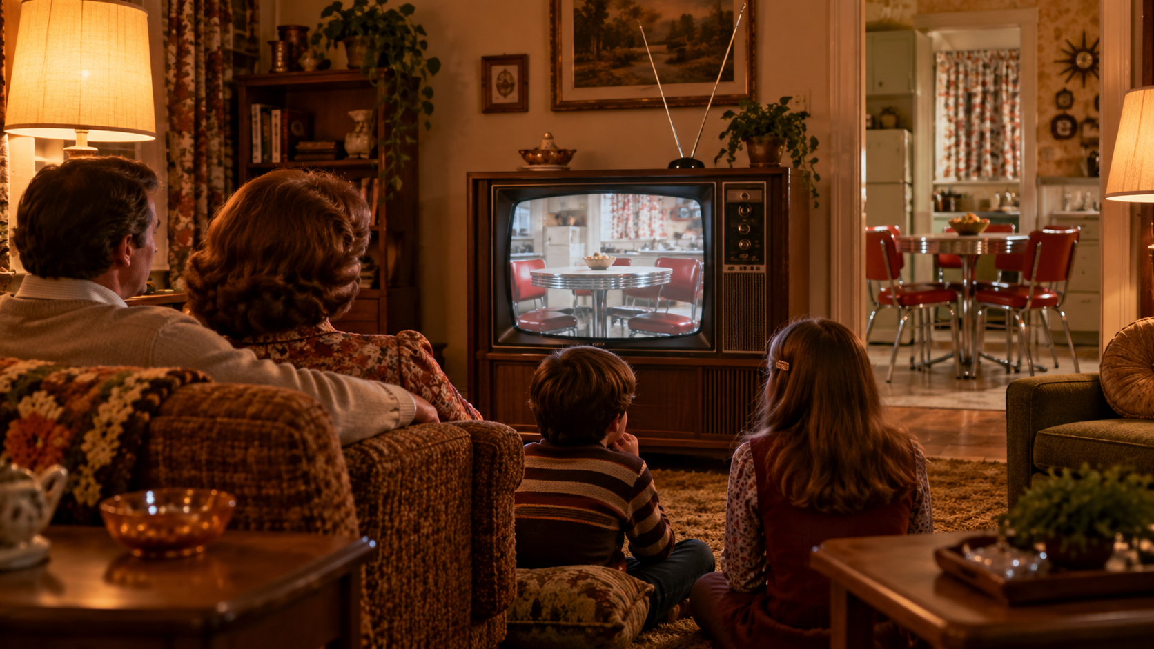 AI reconstruction of a family watching the Happy Days premiere in 1974