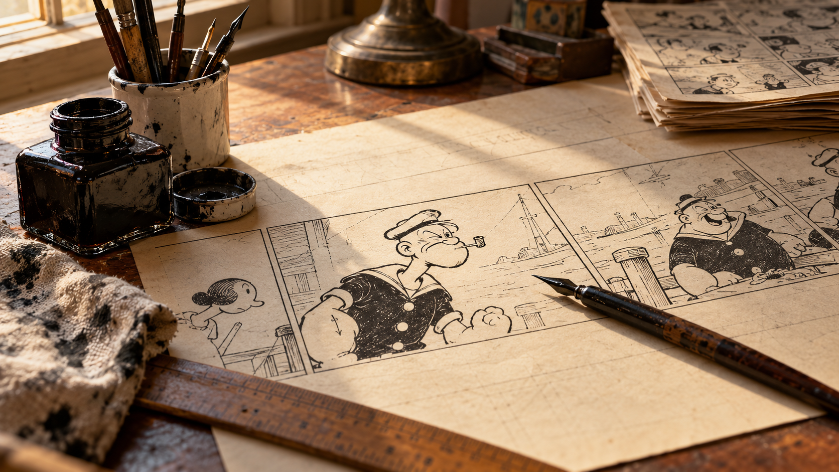 AI reconstruction of a 1929 newspaper comics desk introducing the sailor Popeye