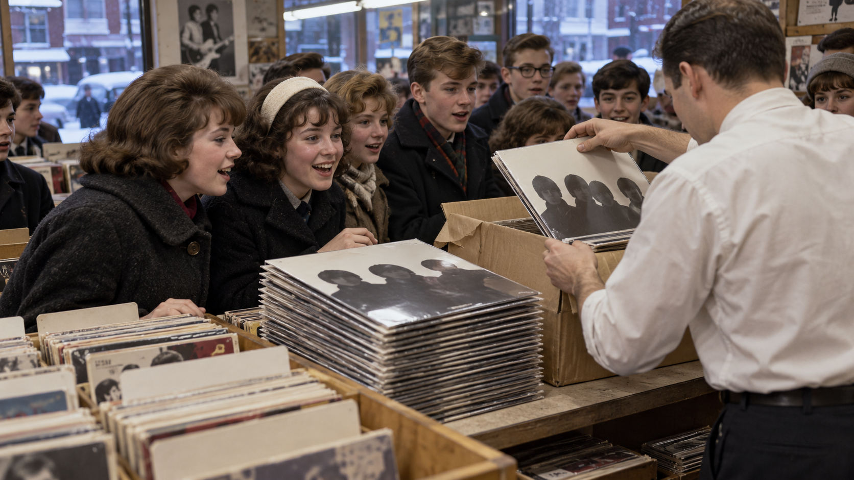 AI reconstruction of a 1964 record store display during the arrival of Beatlemania