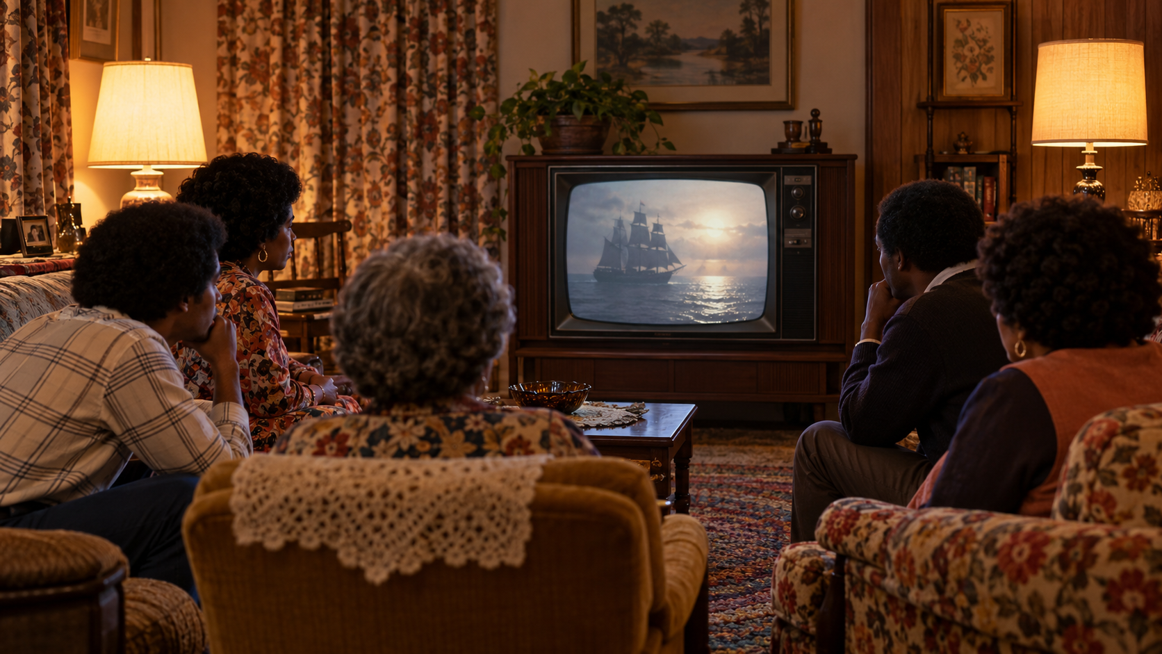 AI reconstruction of a 1977 family watching the television premiere of Roots