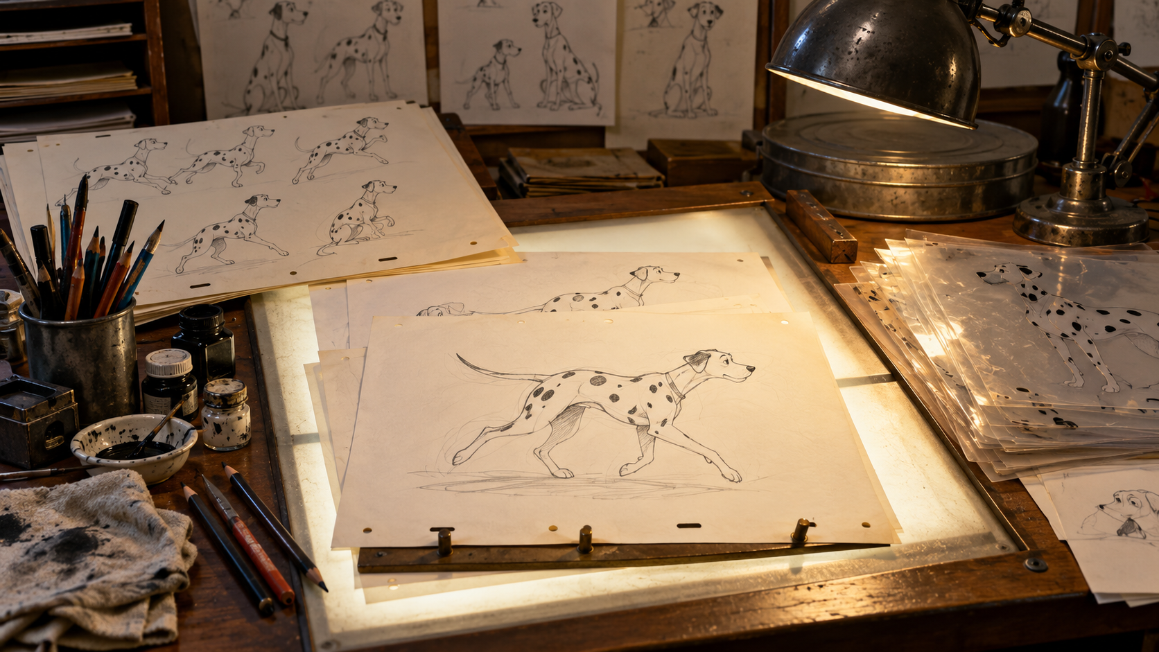 AI reconstruction of a 1961 animation desk filled with spotted dog drawings