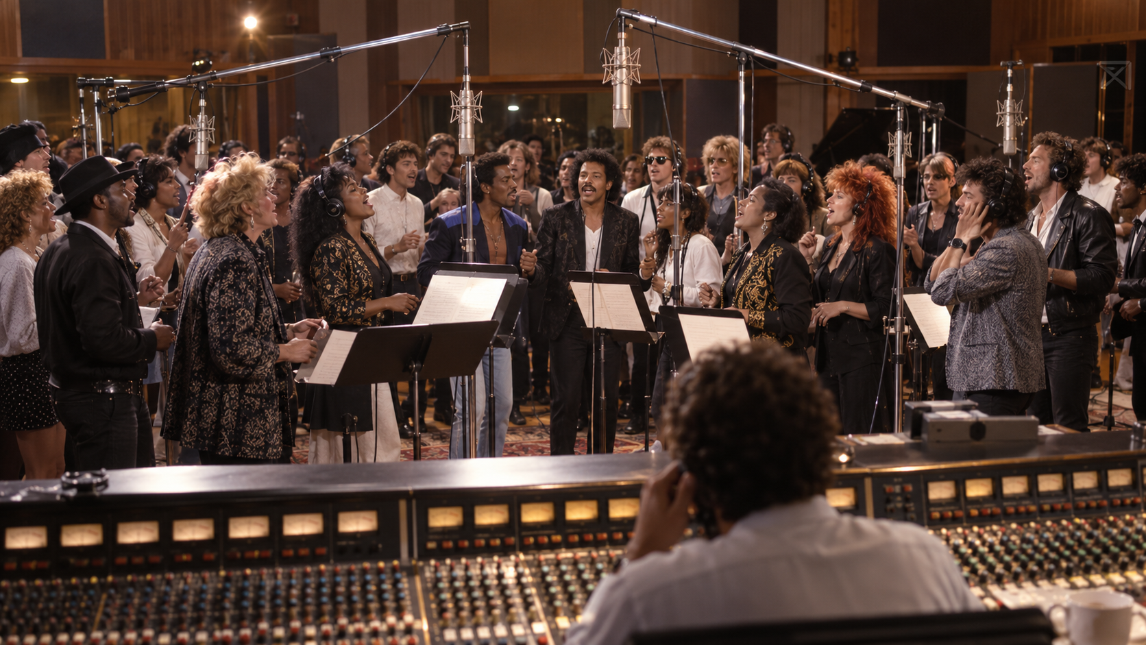 AI reconstruction of a crowded 1985 recording studio charity session