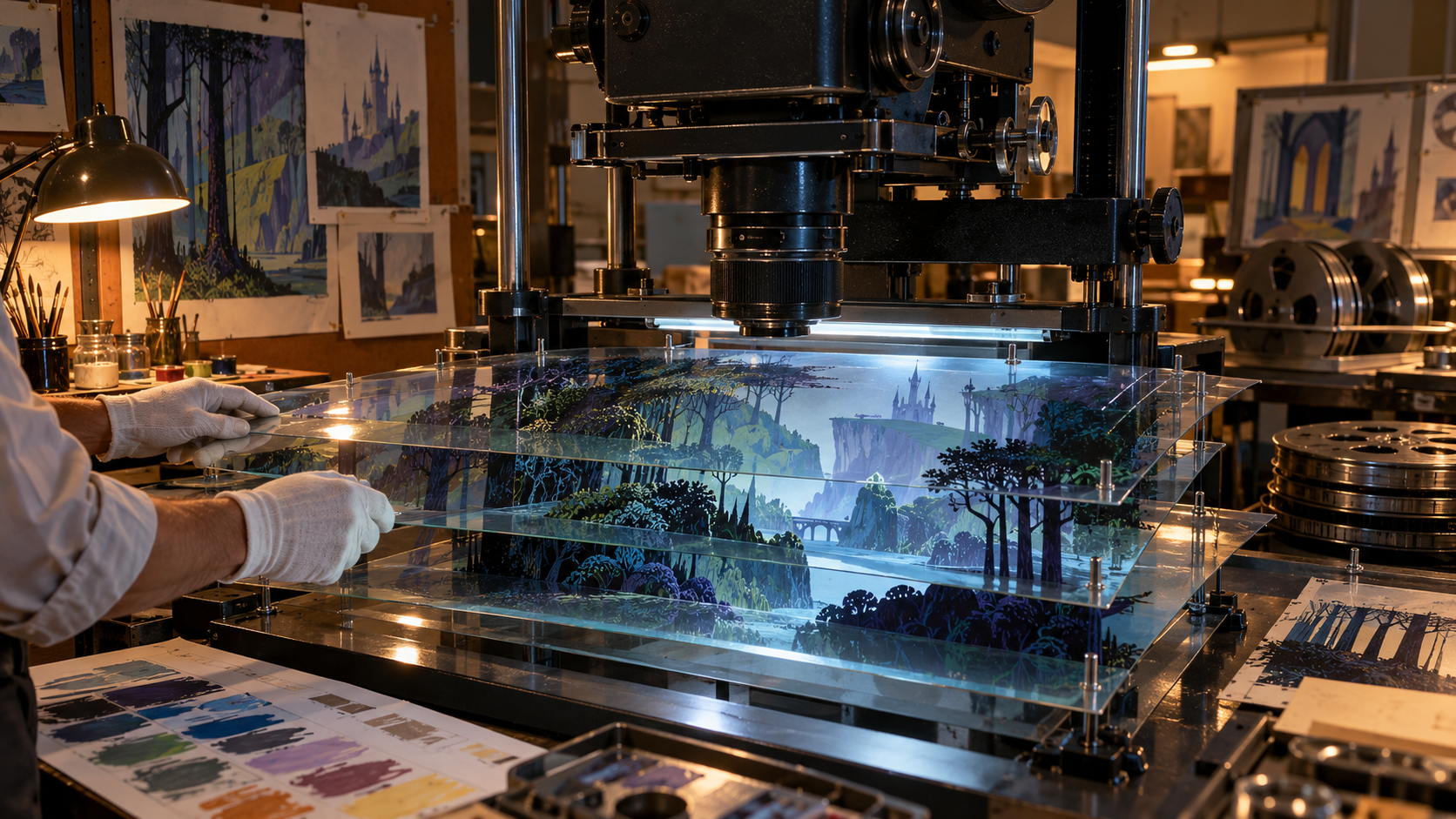 AI reconstruction of a grand 1959 animation premiere with a storybook castle motif
