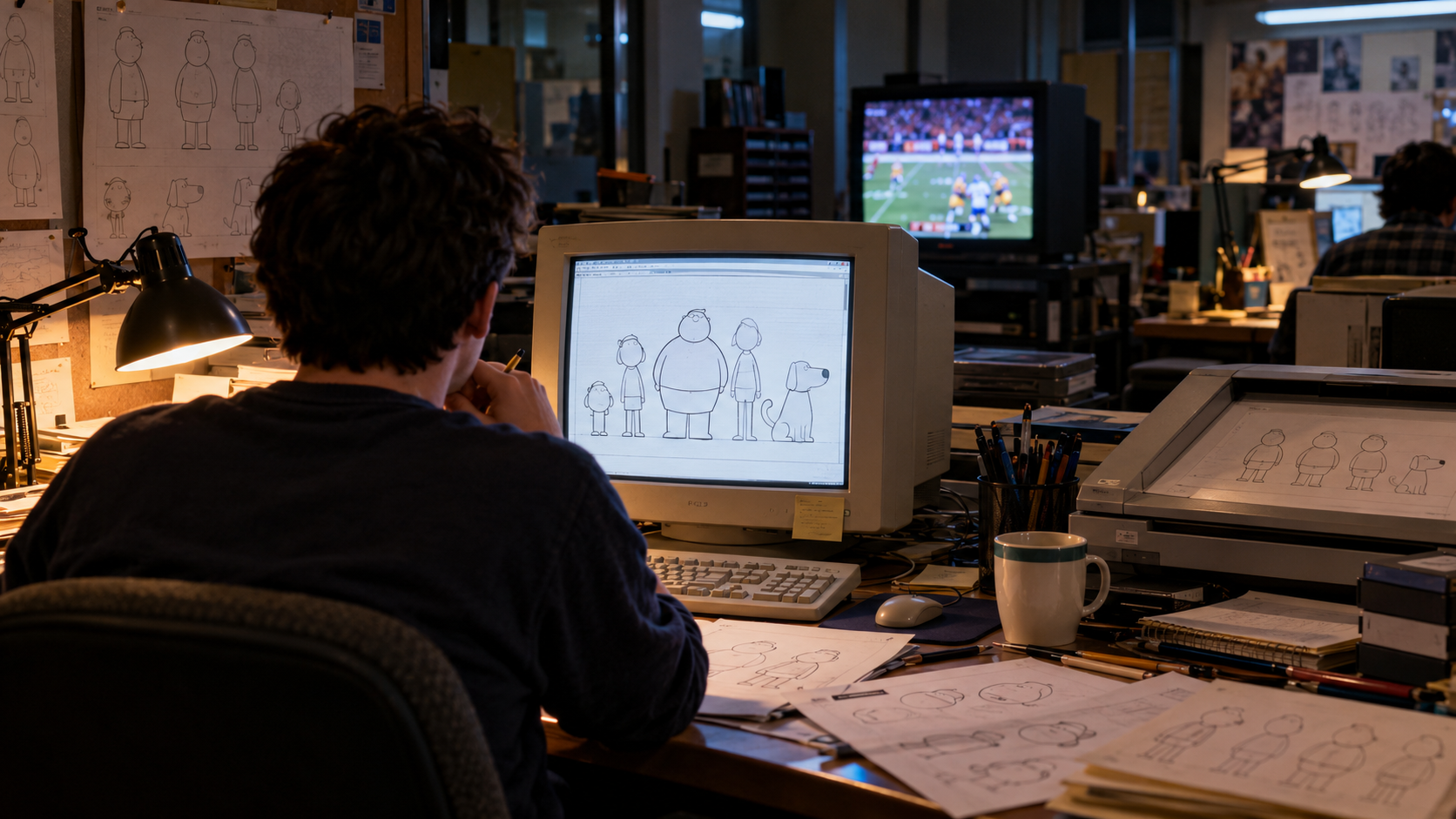 AI reconstruction of a 1999 family watching a new animated sitcom after the Super Bowl