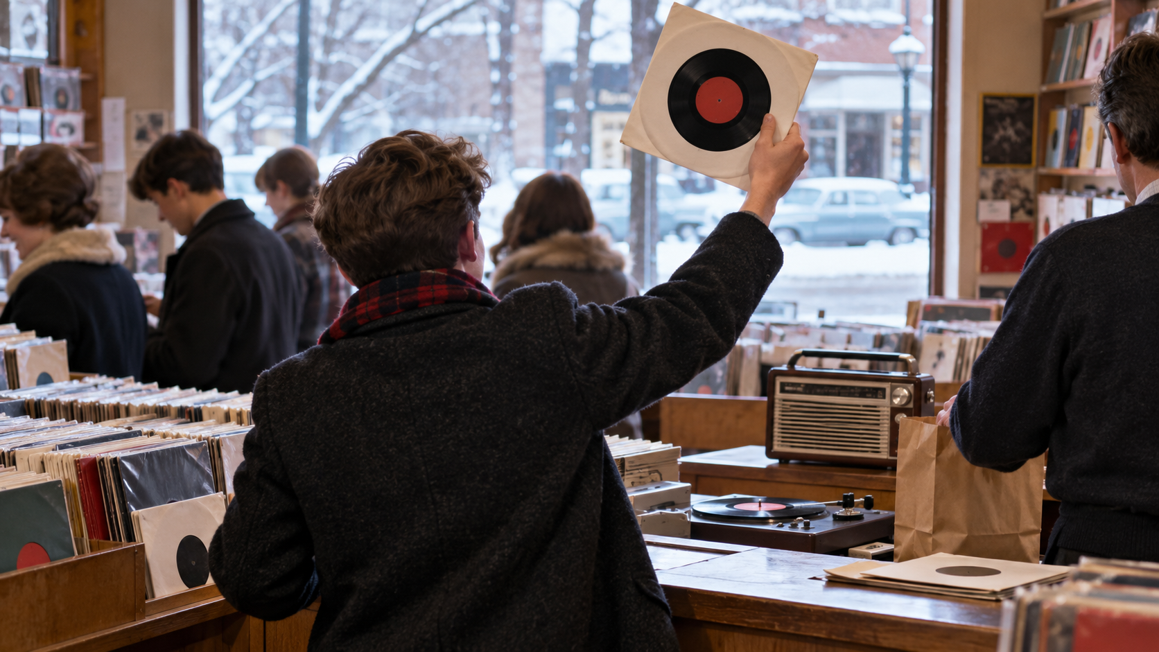 AI reconstruction: a 1964 American record shop crowd discovering a new British beat single, photographed in cinematic 16:9.