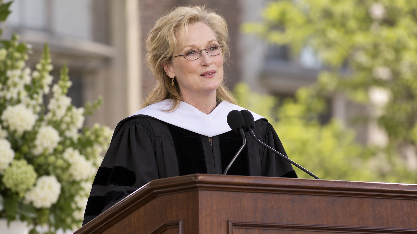 AI-generated editorial portrait of Meryl Streep speaking at a 2010 college commencement.