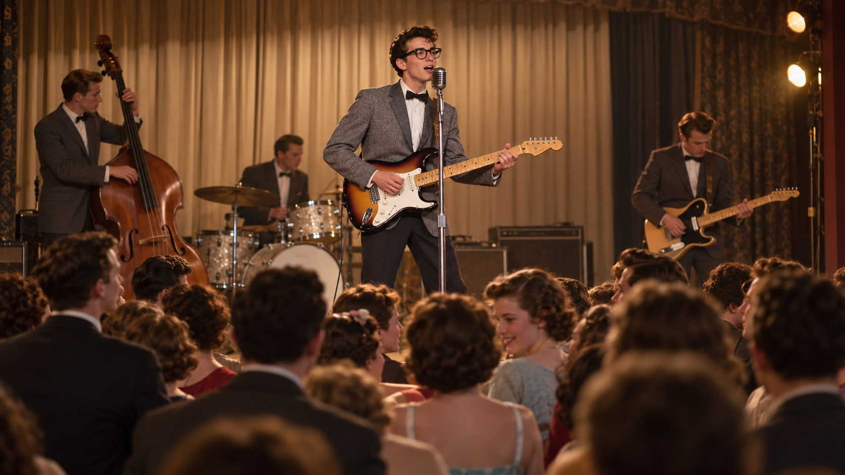 AI reconstruction: a late-1950s rock-and-roll band performing in a packed Midwestern ballroom, with no identifiable faces or logos.