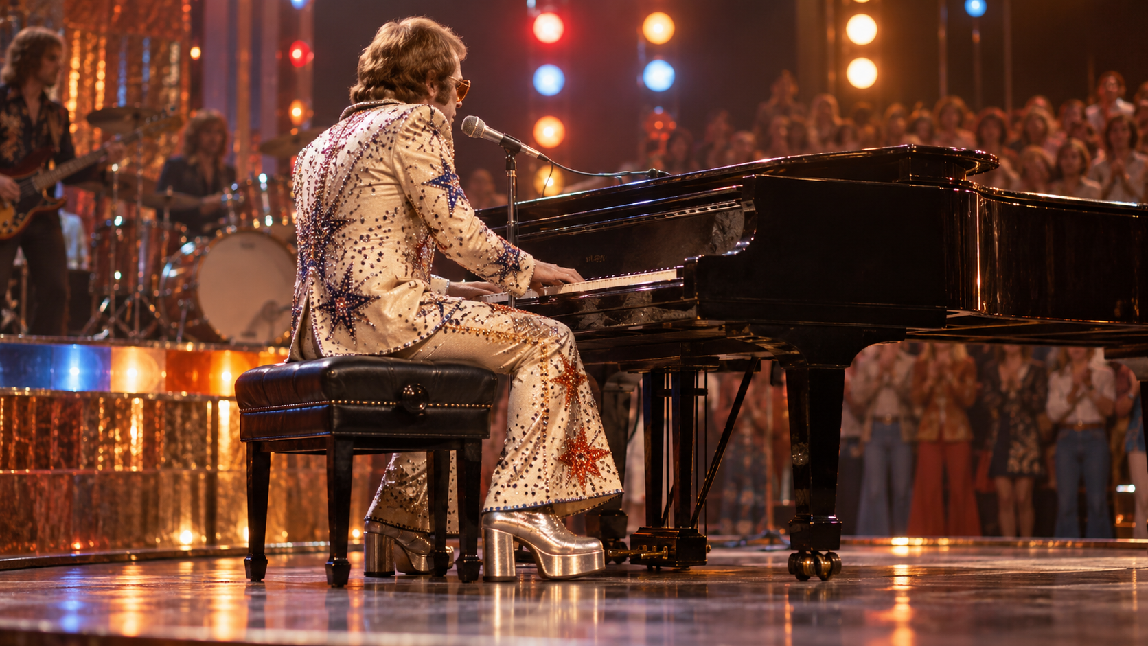 AI reconstruction: a flamboyant early-1970s pianist leading a colorful rock-and-roll dance party, without text or recognizable likeness.