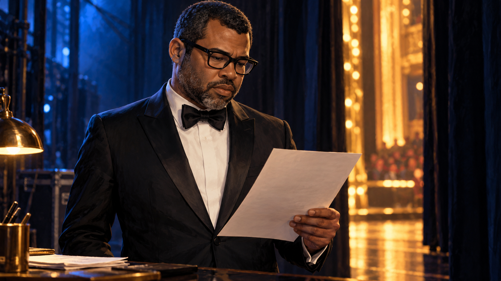AI-generated editorial portrait of Jordan Peele reading a screenplay backstage at a 2018 film awards ceremony.