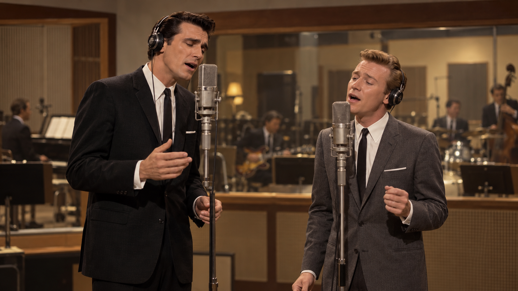 AI reconstruction: a blue-eyed soul duo recording an emotional ballad in a crowded mid-1960s studio, without recognizable faces.