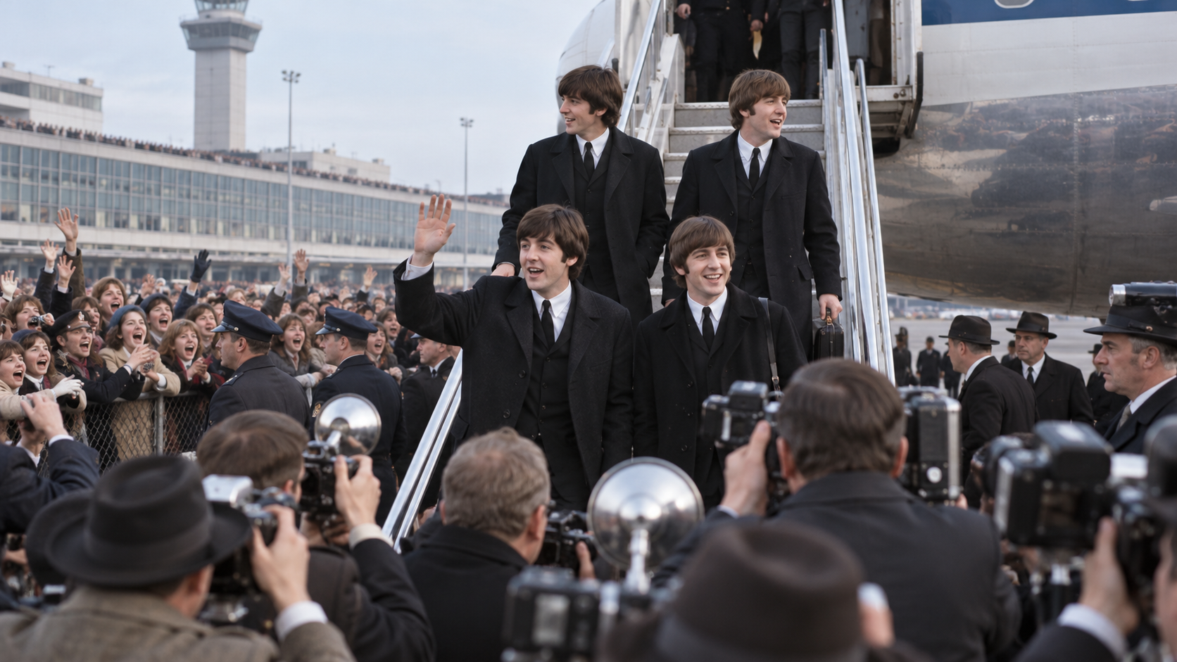 AI reconstruction: four young British musicians descending an airplane stairway toward cheering fans at a 1964 New York airport, no exact likenesses.