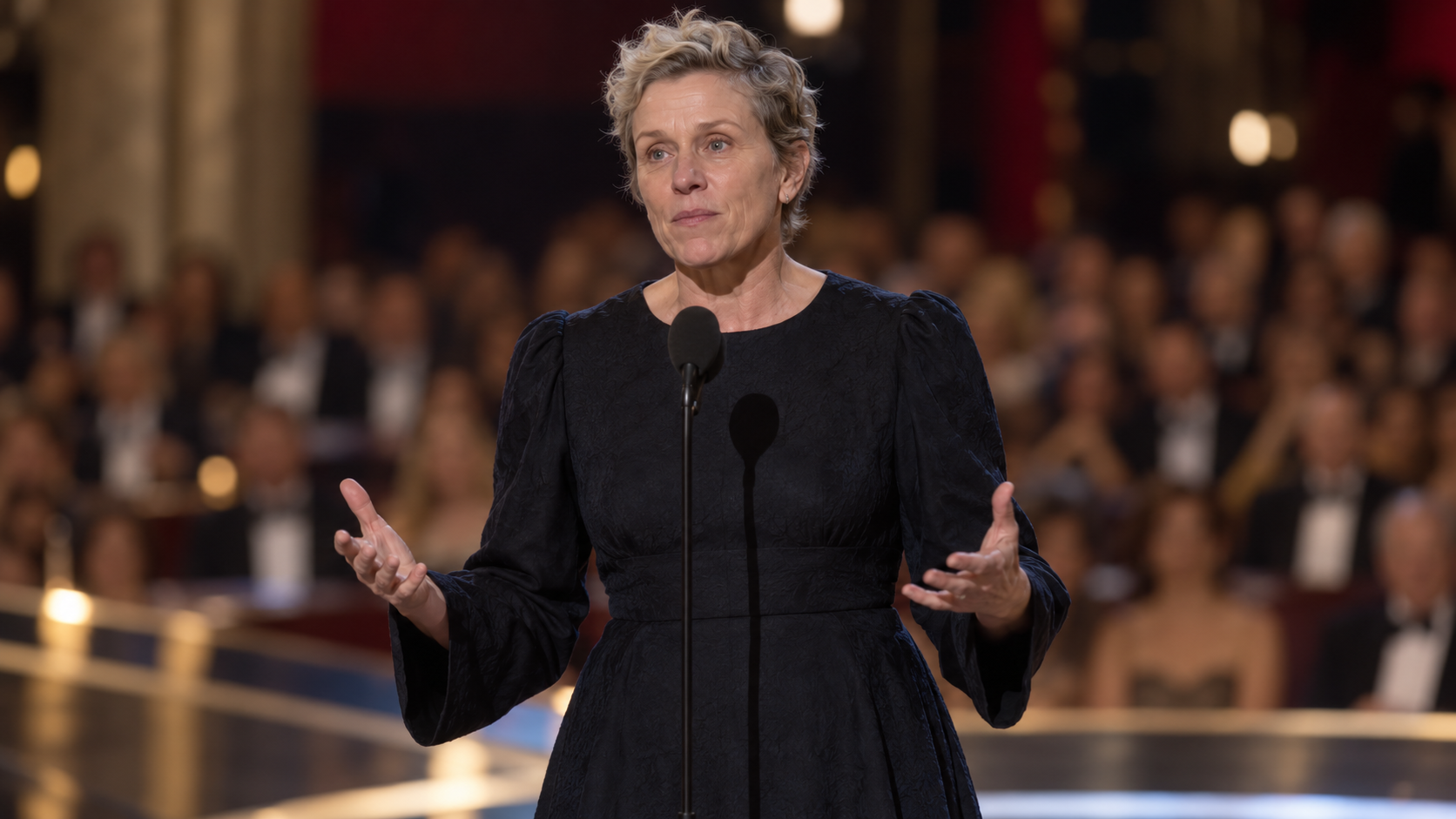 AI-generated editorial portrait of Frances McDormand speaking at the 2018 Academy Awards.