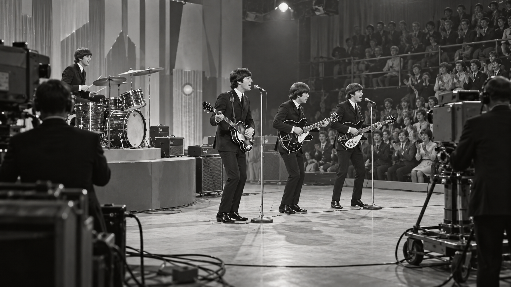 AI reconstruction: a four-piece 1960s beat band performing on a black-and-white television variety-show stage before excited teenagers.