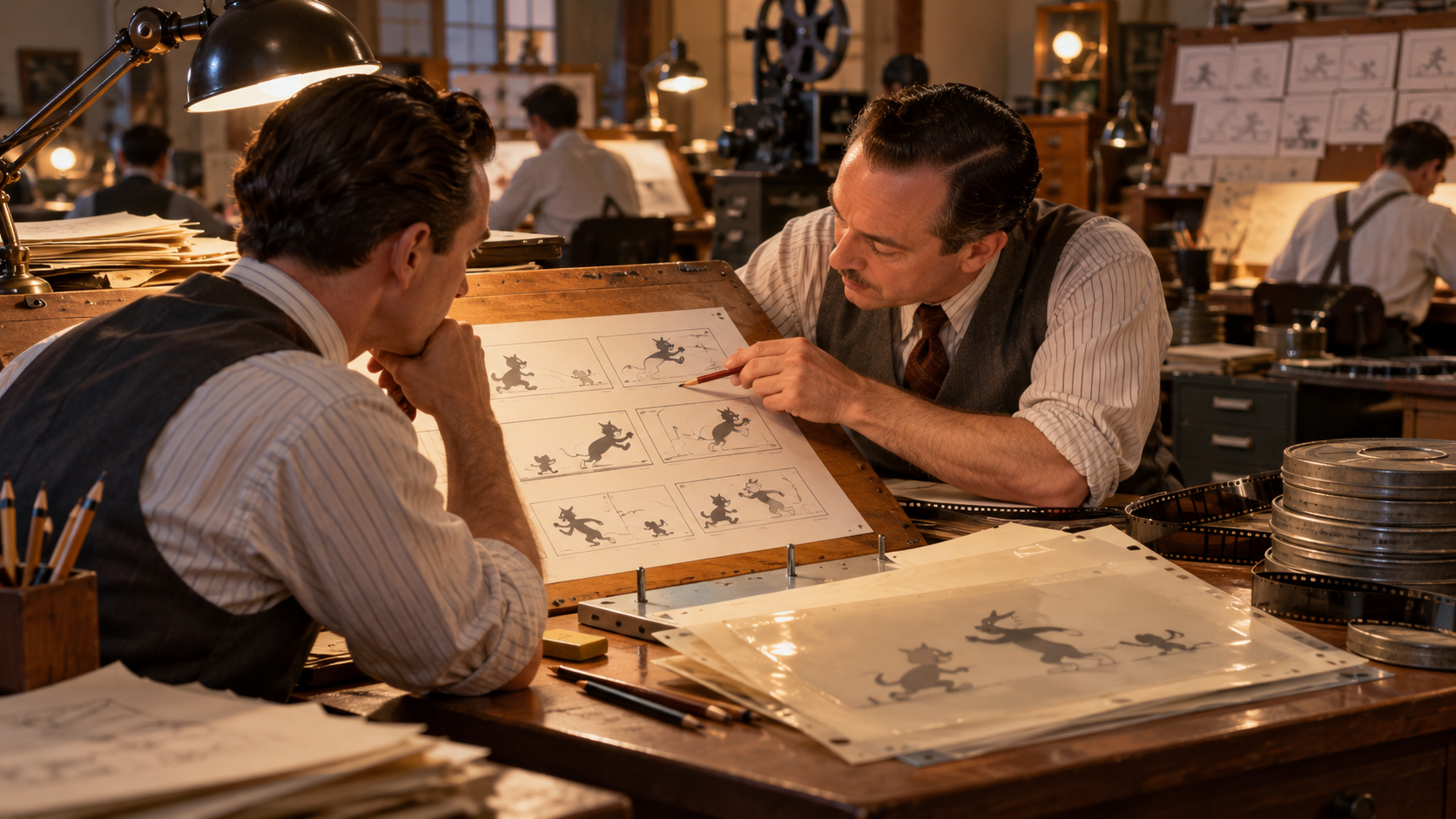 AI reconstruction: 1940 animators reviewing hand-painted cels of a generic cat-and-mouse chase, with no copyrighted characters or text.