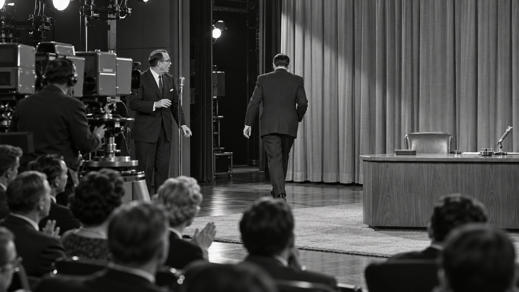 AI reconstruction: a 1960 late-night television host leaving a live studio set while cameras and crew look on, with no recognizable likeness.