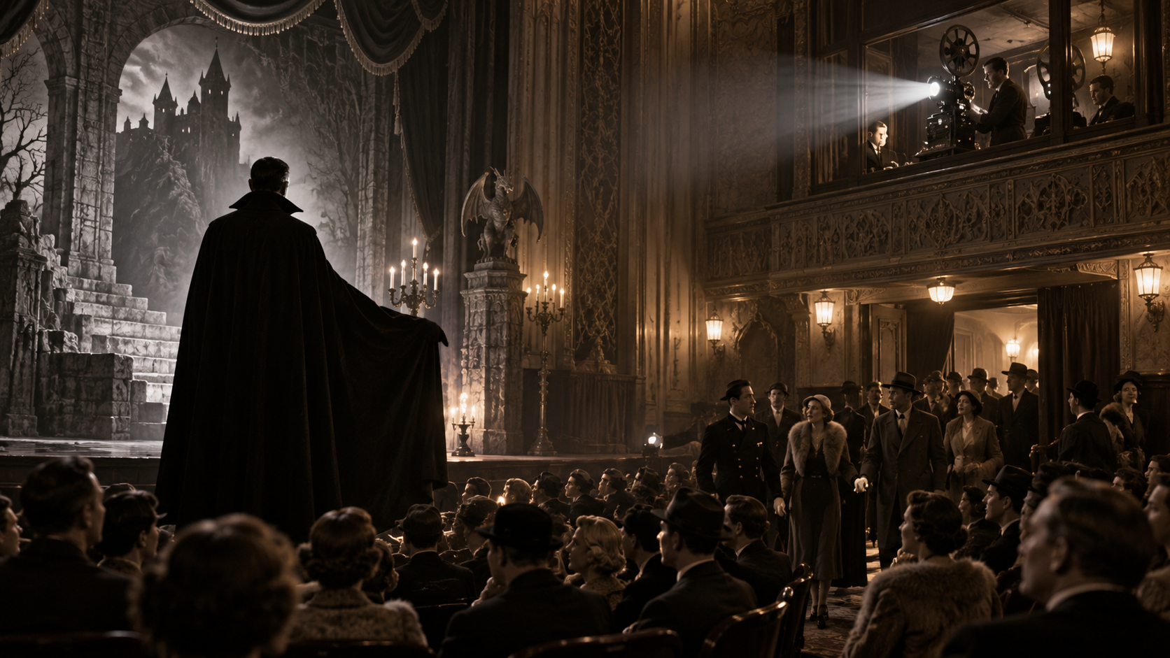 AI reconstruction: a shadowy 1931 cinema audience watching a gothic castle and caped figure, without recognizable likeness or title text.